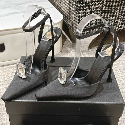 AIMÉE HIGH 75 MM SLINGBACK PUMPS IN BLACK SATIN WITH CRYSTAL - 35