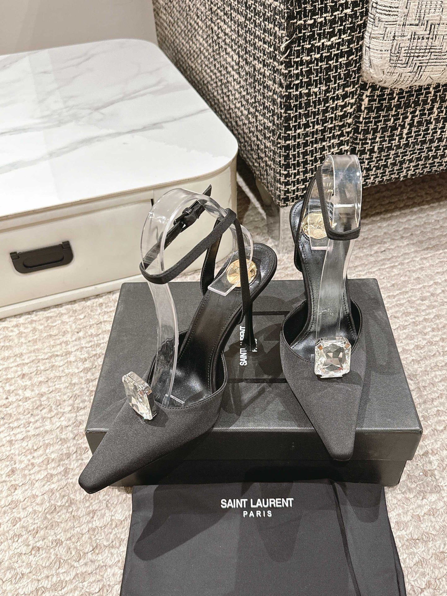 AIMÉE HIGH 75 MM SLINGBACK PUMPS IN BLACK SATIN WITH CRYSTAL - 35