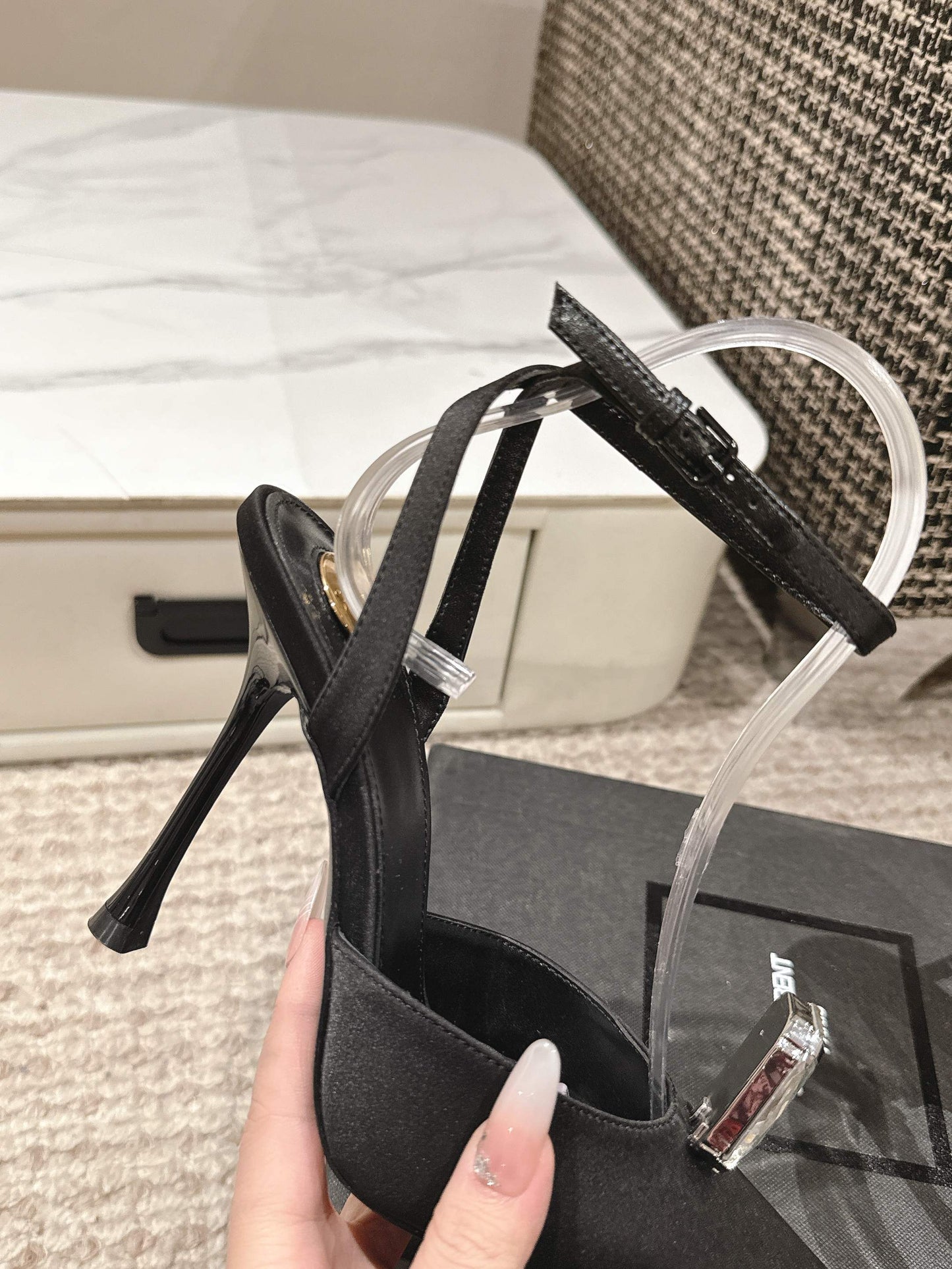 AIMÉE HIGH 75 MM SLINGBACK PUMPS IN BLACK SATIN WITH CRYSTAL - 35