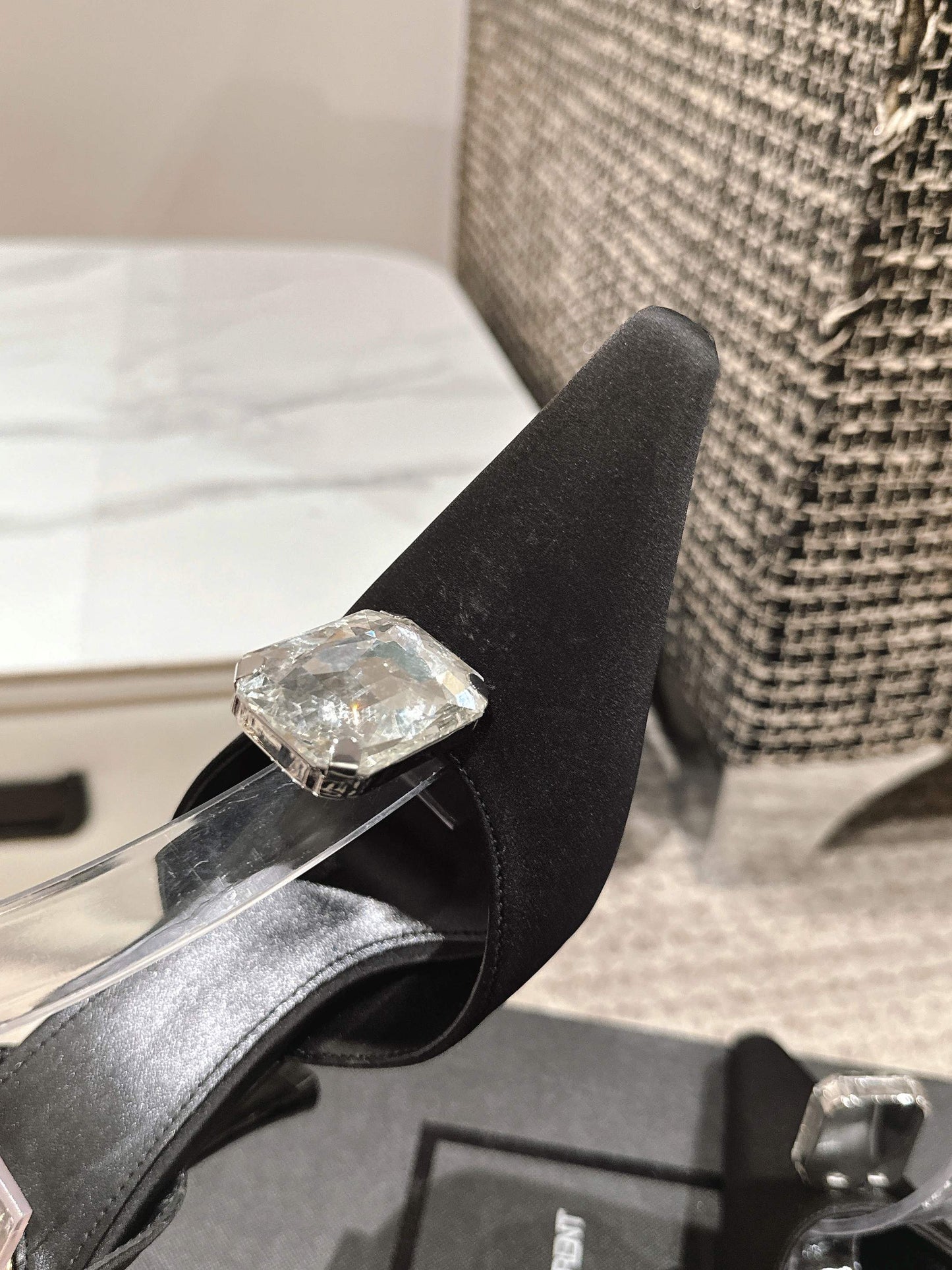 AIMÉE HIGH 75 MM SLINGBACK PUMPS IN BLACK SATIN WITH CRYSTAL - 35