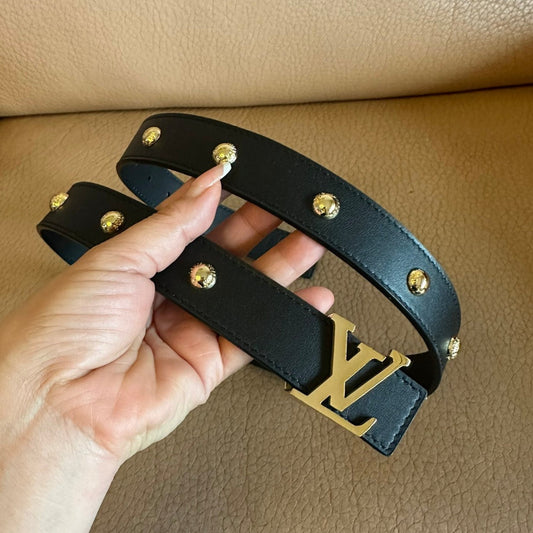 LV Initiales Studs 30mm Reversible Belt Gold Buckle Black Leather - 30