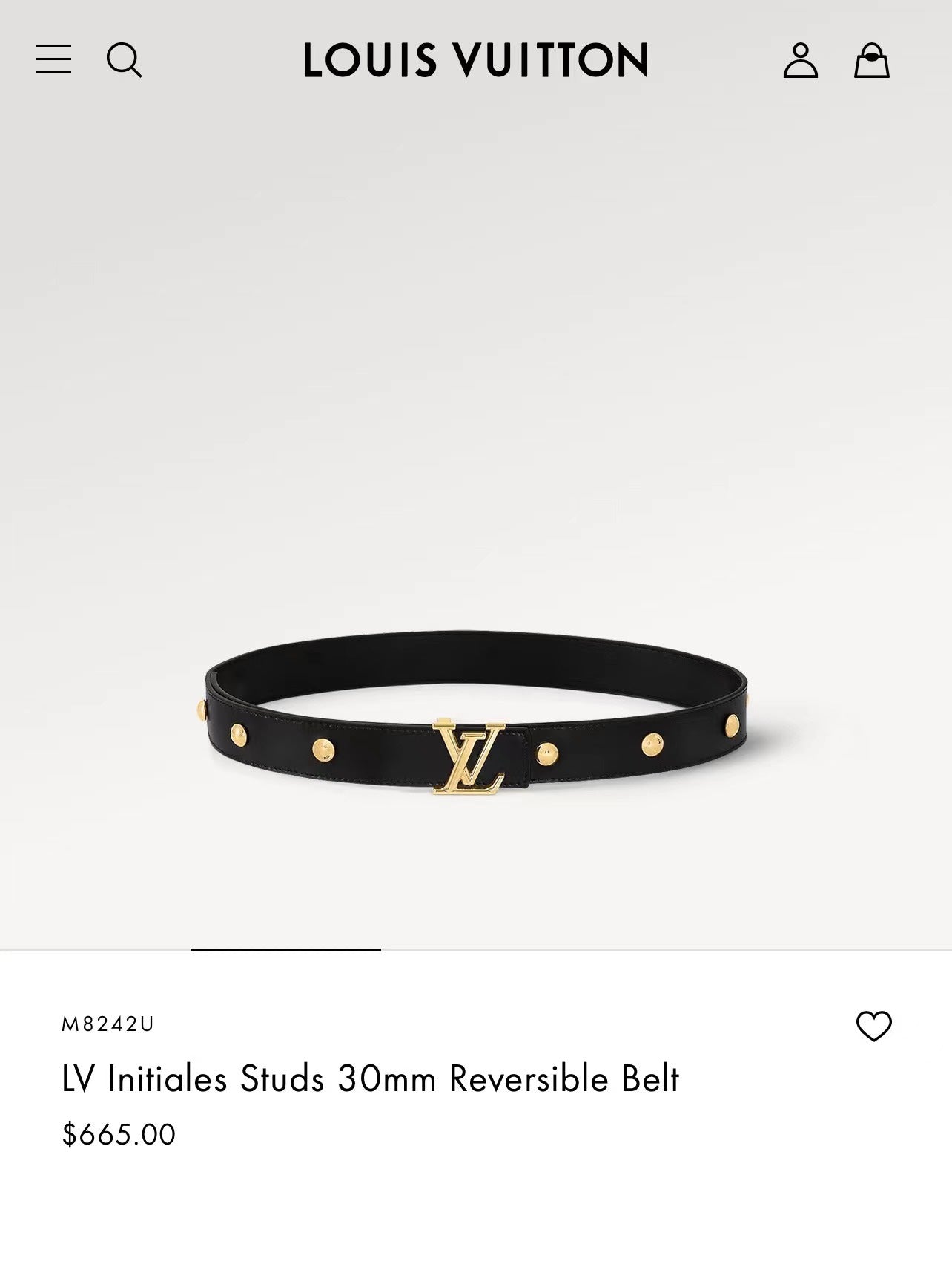 LV INITIALES STUDS 30 MM REVERSIBLE BELT IN BLACK CALFSKIN GOLD HARDWARE - 30