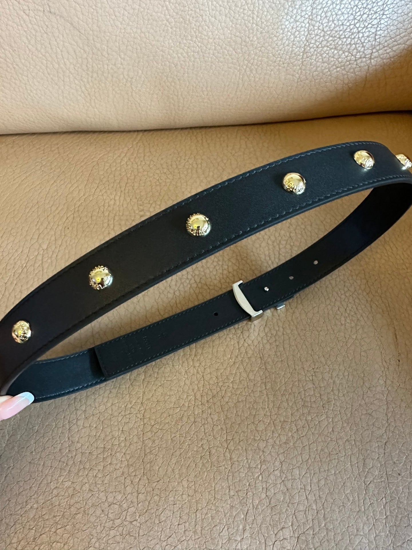 LV Initiales Studs 30mm Reversible Belt Gold Buckle Black Leather - 30
