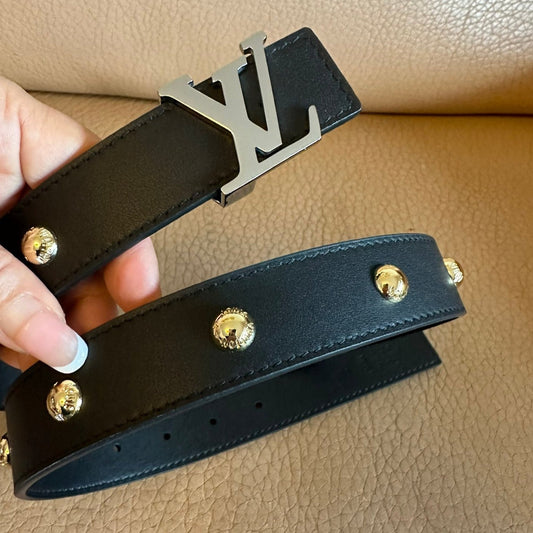 LV Initiales Studs 30mm Reversible Belt Silver Buckle Black Leather - 30