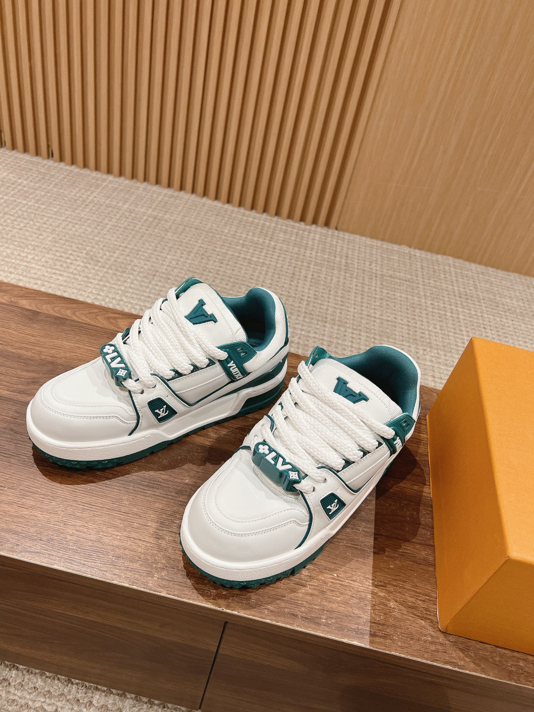 LV Trainer Maxi Sneaker White Mix Emerald Green Calfskin - 35