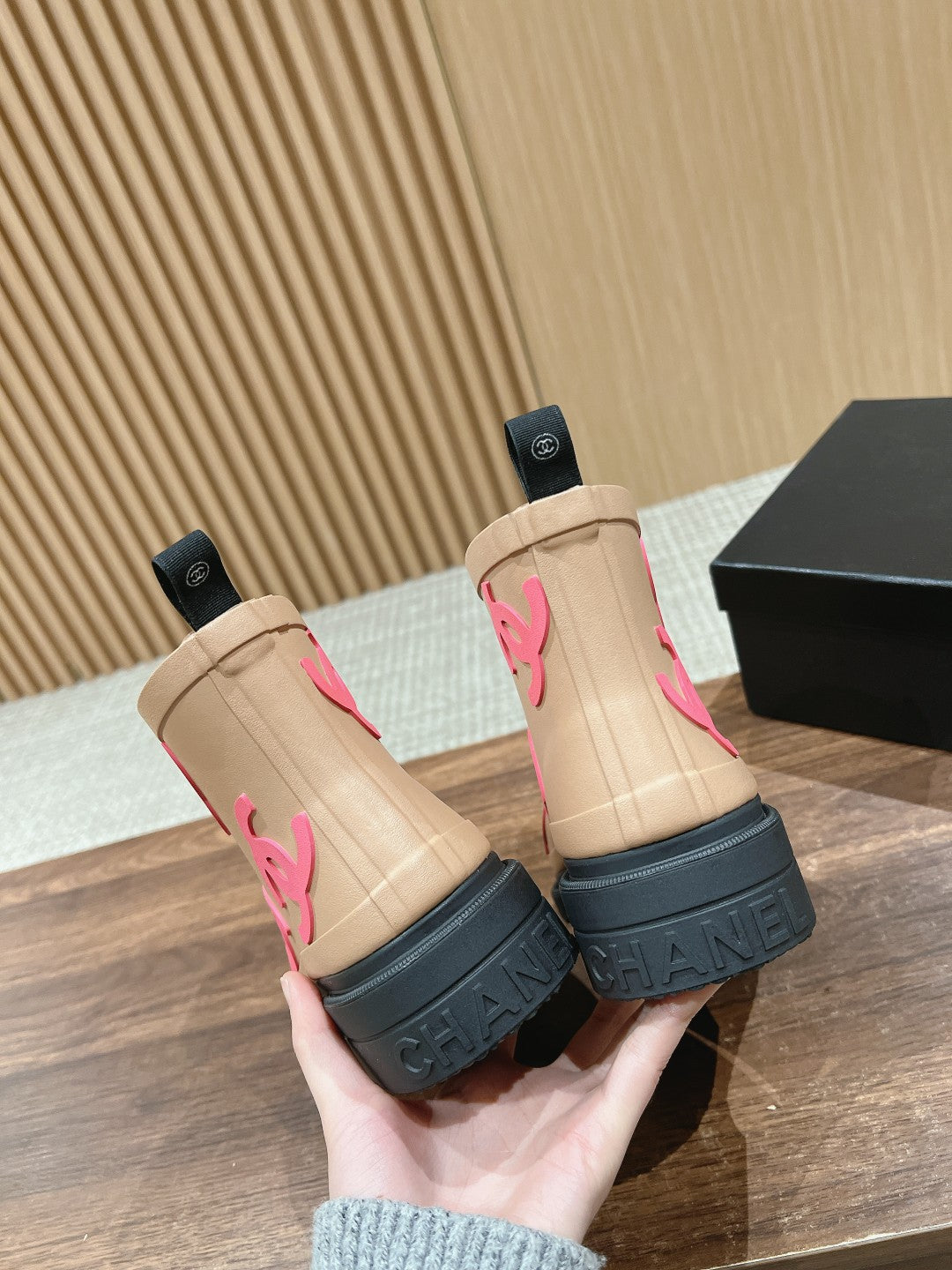 CC RAIN BOOTS BEIGE CREAM TPU WITH PINK LOGO - 35