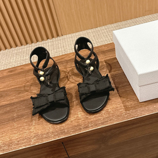 DIOR ADIORABLE SANDALS 25S IN BLACK FABRIC AND LAMBSKIN WITH PEARL DETAILING - 35