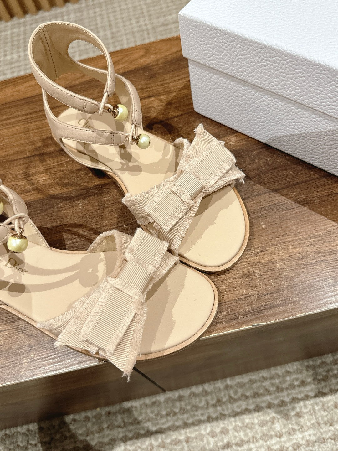 DIOR ADIORABLE SANDALS 25S IN LIGHT BEIGE FABRIC AND LAMBSKIN WITH PEARL DETAILING - 35