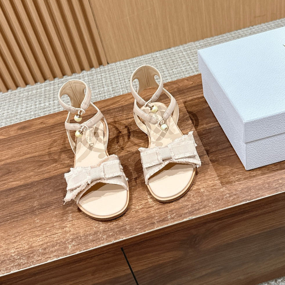 DIOR ADIORABLE SANDALS 25S IN LIGHT BEIGE FABRIC AND LAMBSKIN WITH PEARL DETAILING - 35