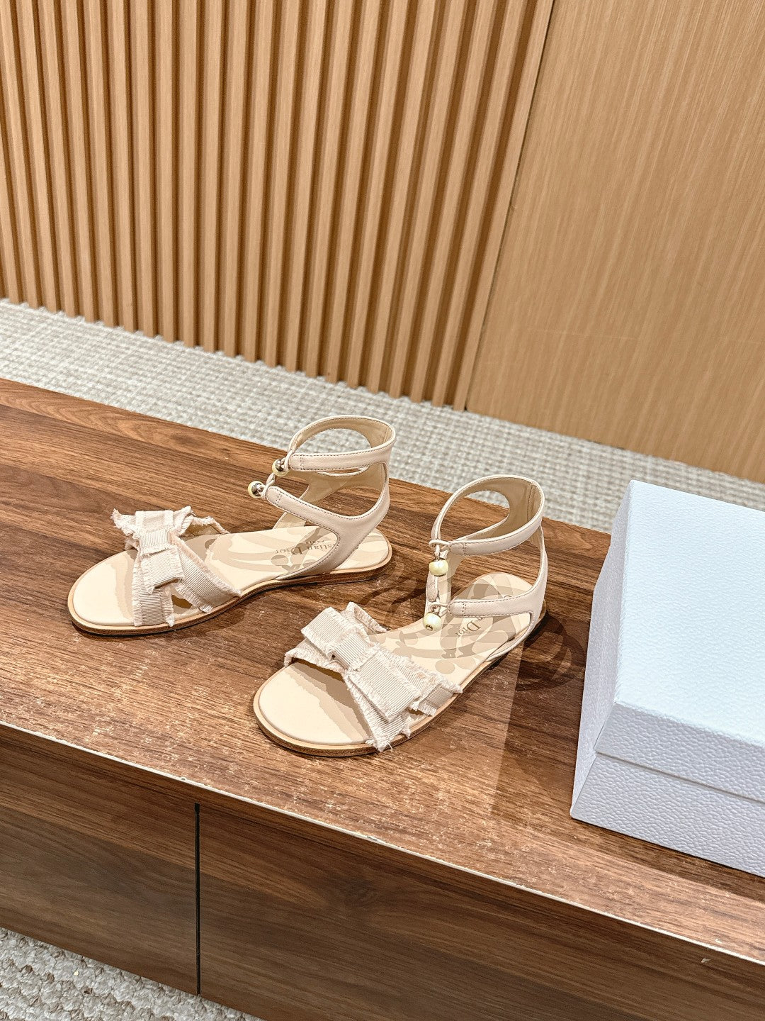 DIOR ADIORABLE SANDALS 25S IN LIGHT BEIGE FABRIC AND LAMBSKIN WITH PEARL DETAILING - 35