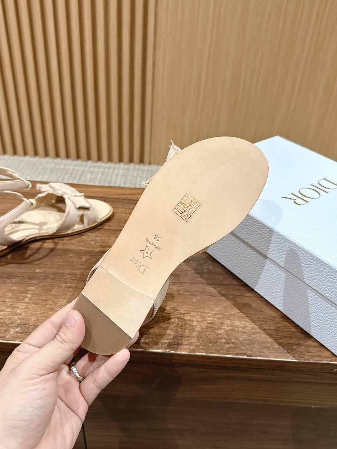 DIOR ADIORABLE SANDALS 25S IN LIGHT BEIGE FABRIC AND LAMBSKIN WITH PEARL DETAILING - 35