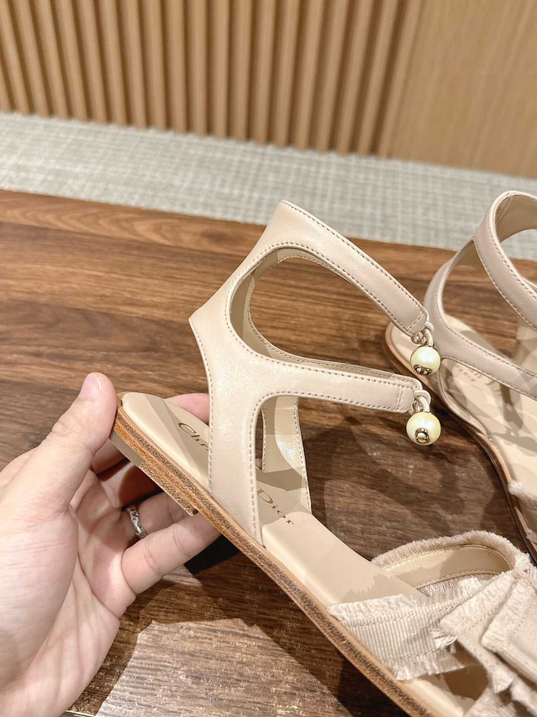 DIOR ADIORABLE SANDALS 25S IN LIGHT BEIGE FABRIC AND LAMBSKIN WITH PEARL DETAILING - 35