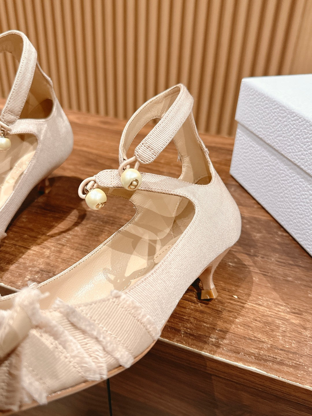DIOR ADIORABLE HIGH HEEL 25S IN LIGHT BEIGE FABRIC WITH PEARL DETAILING - 35