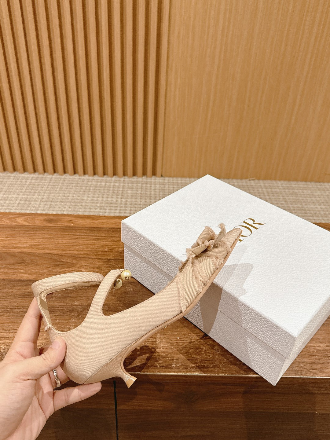 DIOR ADIORABLE HIGH HEEL 25S IN LIGHT BEIGE FABRIC WITH PEARL DETAILING - 35