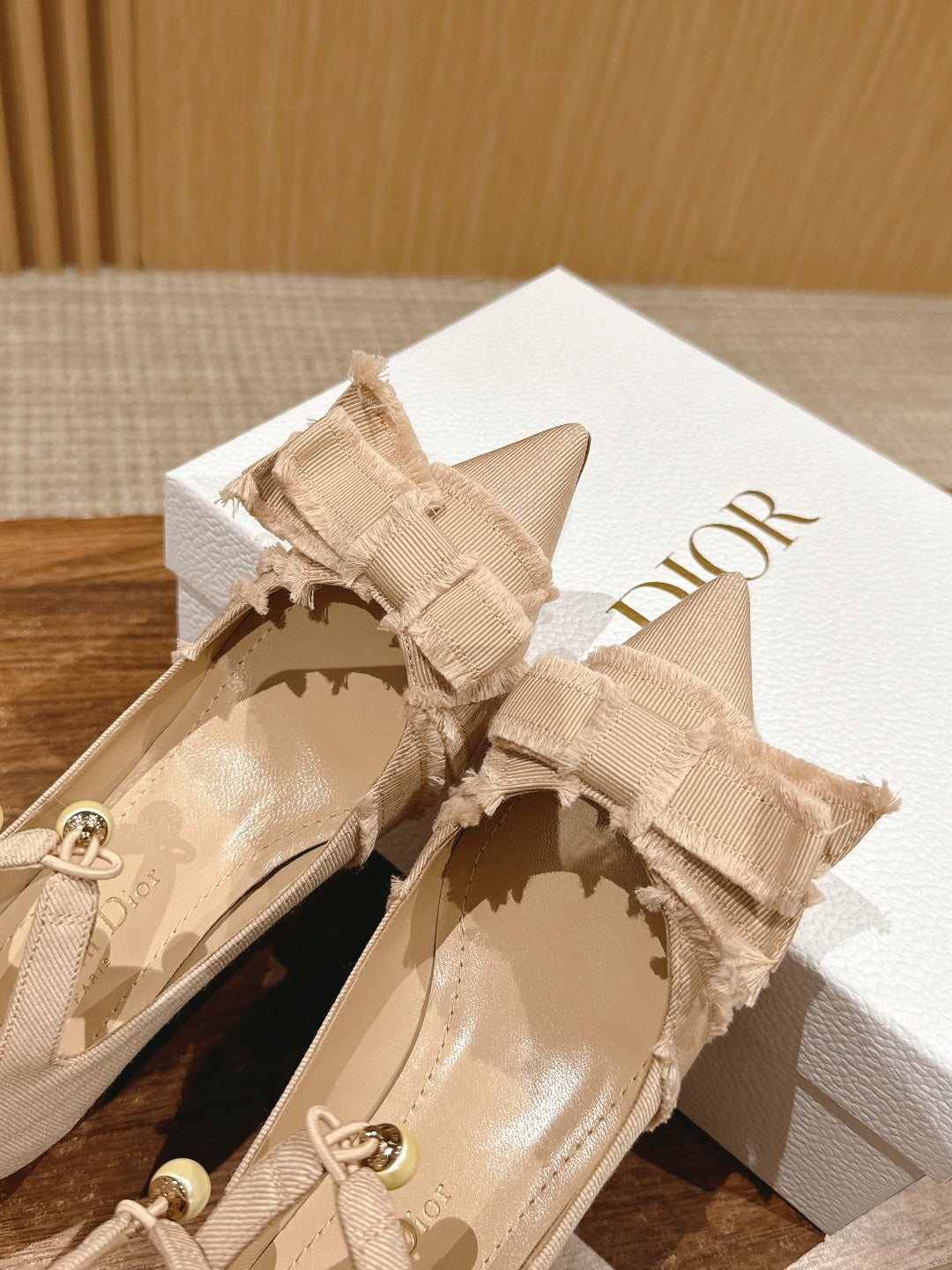 DIOR ADIORABLE HIGH HEEL 25S IN LIGHT BEIGE FABRIC WITH PEARL DETAILING - 35