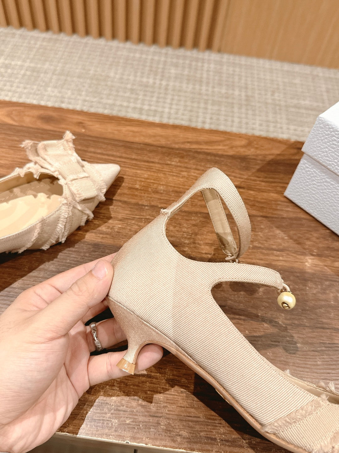 DIOR ADIORABLE HIGH HEEL 25S IN LIGHT BEIGE FABRIC WITH PEARL DETAILING - 35