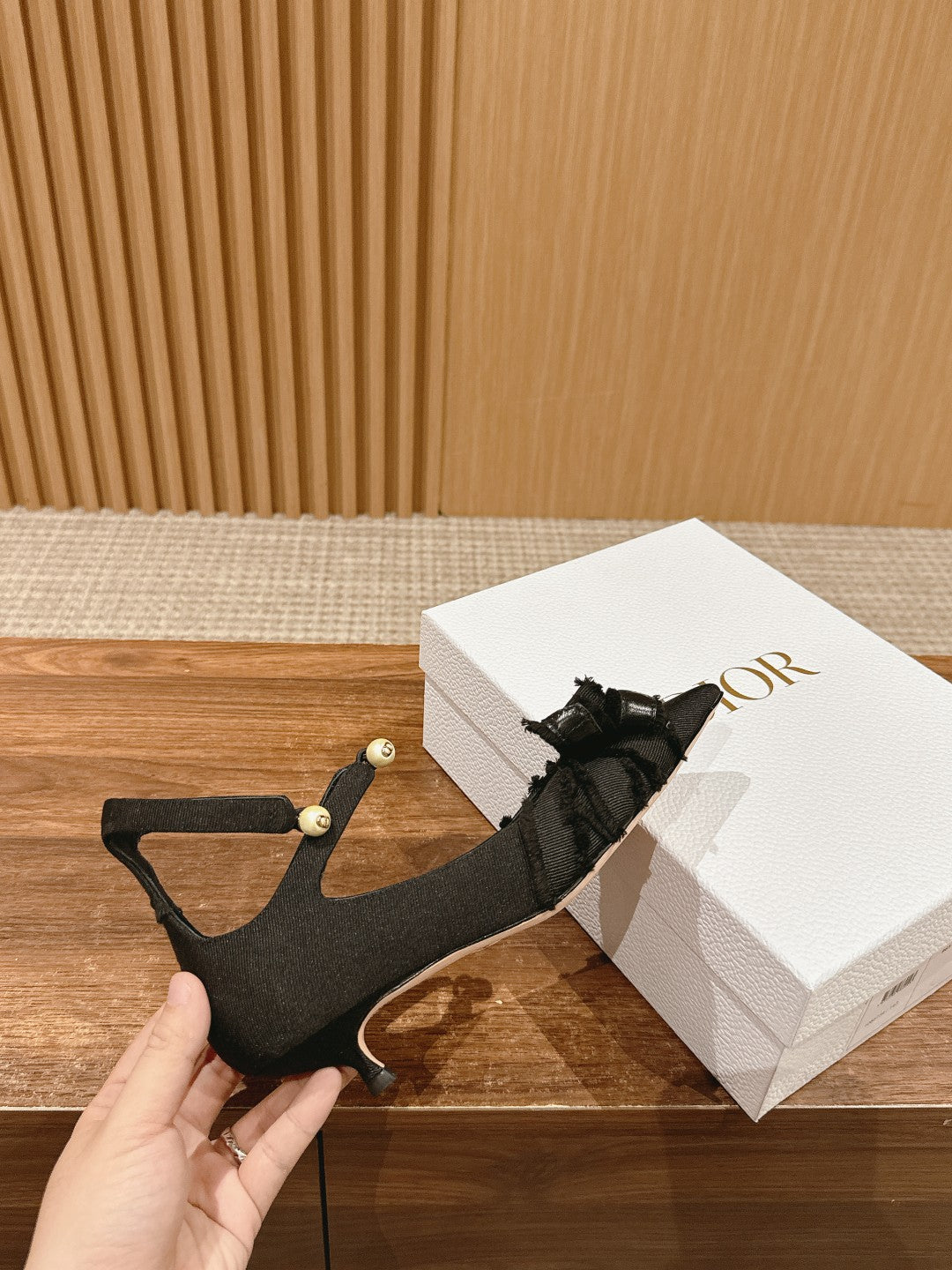 DIOR ADIORABLE HIGH HEEL 25S IN BLACK FABRIC WITH PEARL DETAILING - 35