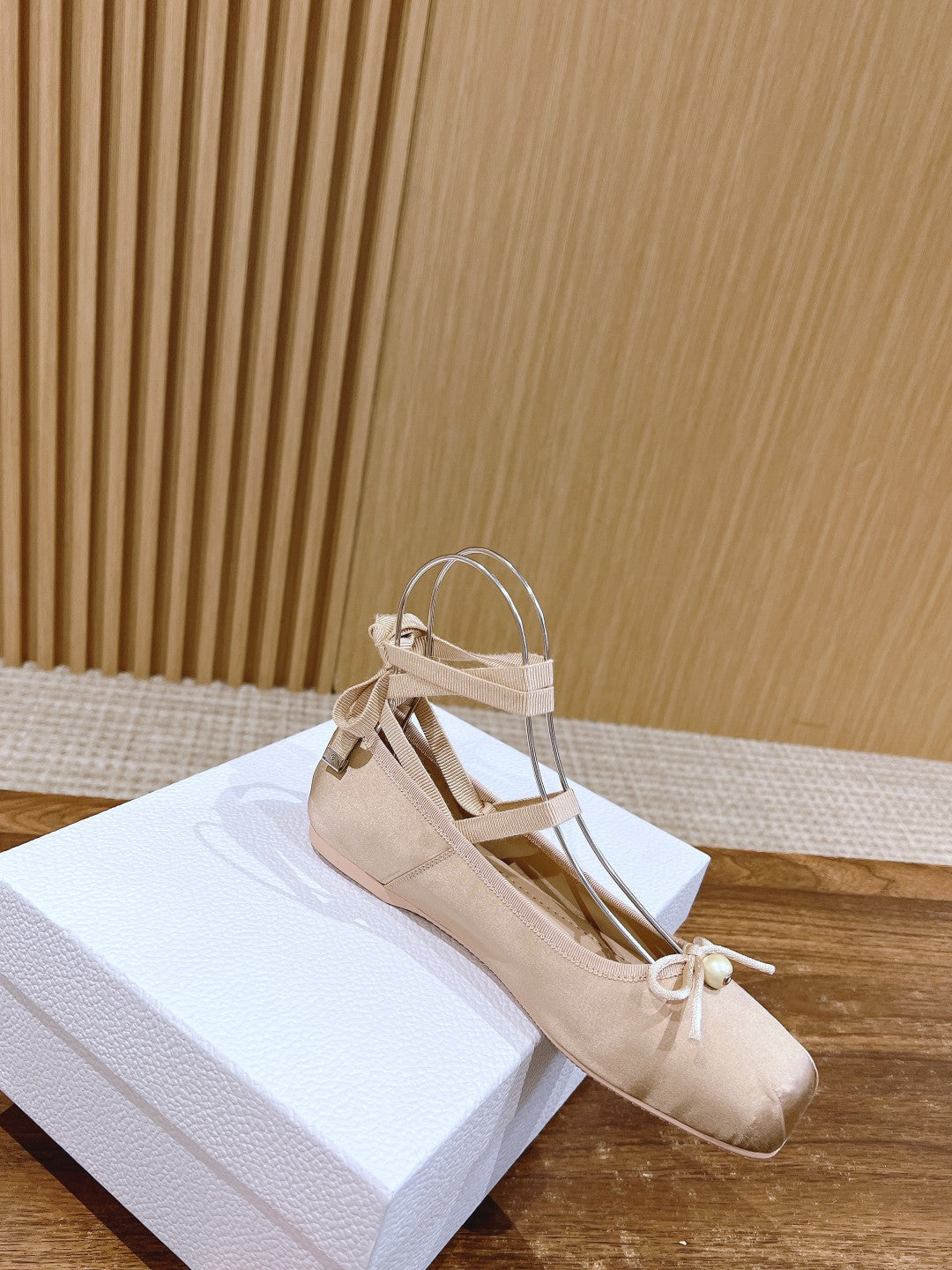 DIOR CLASSIC LACE-UP BALLET FLATS 25S IN NUDE SATIN PEARL DETAILING - 35