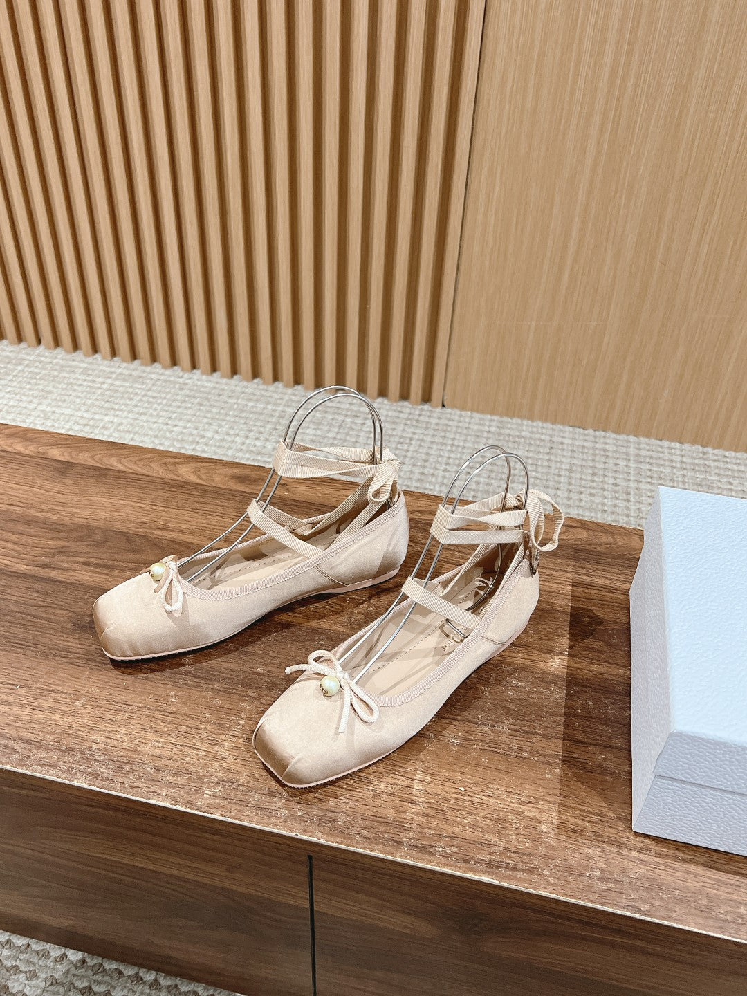 DIOR CLASSIC LACE-UP BALLET FLATS 25S IN NUDE SATIN PEARL DETAILING - 35
