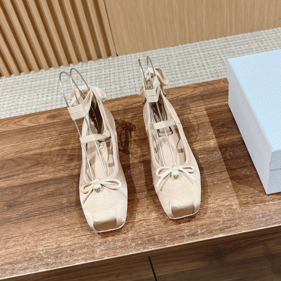 DIOR CLASSIC LACE-UP BALLET FLATS 25S IN NUDE SATIN PEARL DETAILING - 35