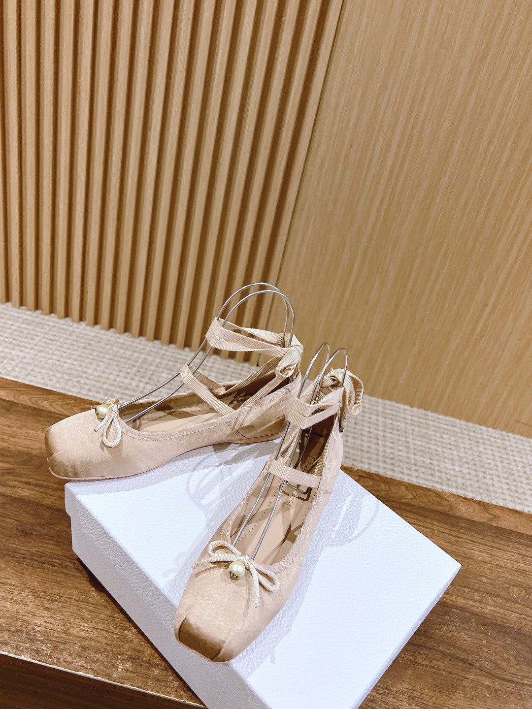 DIOR CLASSIC LACE-UP BALLET FLATS 25S IN NUDE SATIN PEARL DETAILING - 35