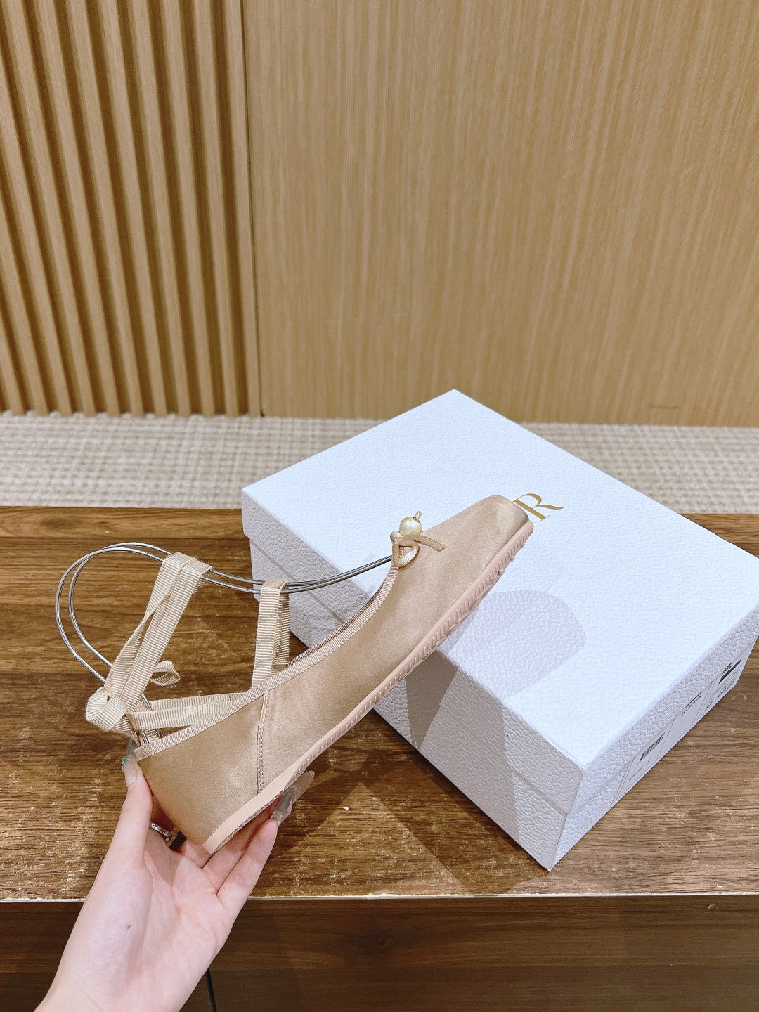 DIOR CLASSIC LACE-UP BALLET FLATS 25S IN NUDE SATIN PEARL DETAILING - 35