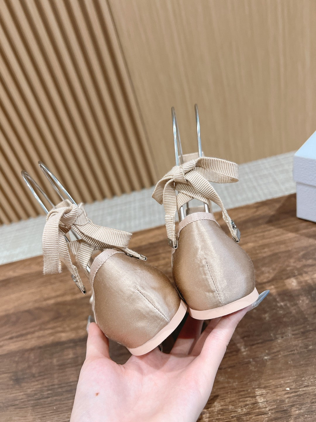 DIOR CLASSIC LACE-UP BALLET FLATS 25S IN NUDE SATIN PEARL DETAILING - 35