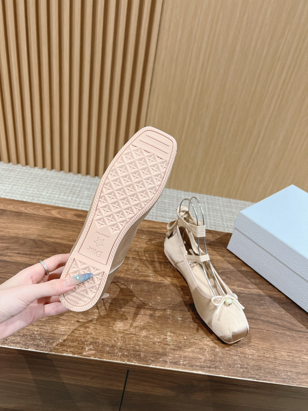 DIOR CLASSIC LACE-UP BALLET FLATS 25S IN NUDE SATIN PEARL DETAILING - 35