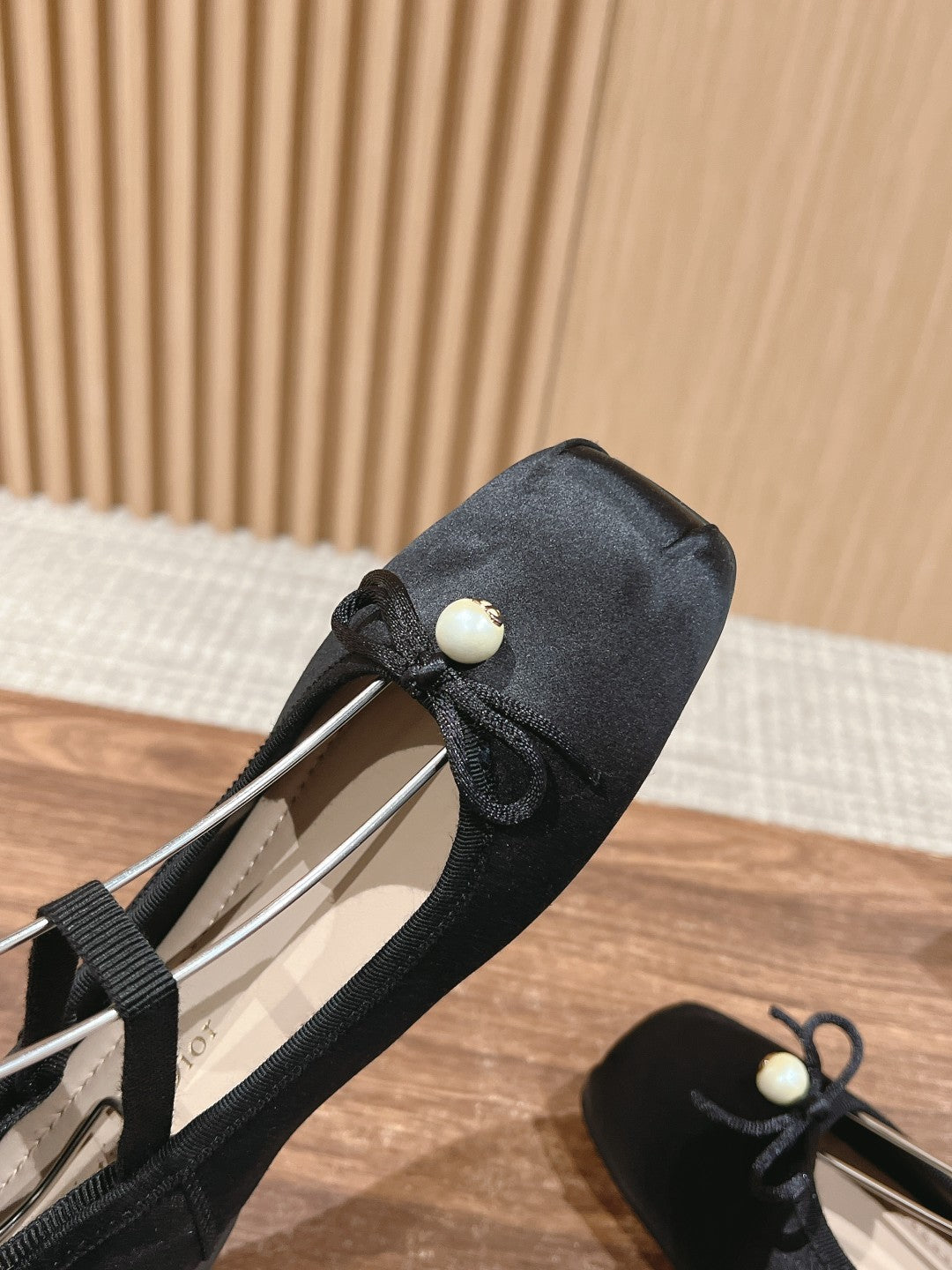 DIOR CLASSIC LACE-UP BALLET FLATS 25S IN BLACK SATIN PEARL DETAILING - 35