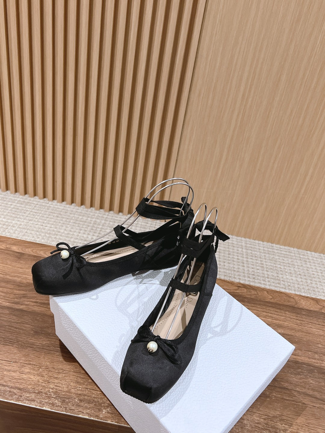 DIOR CLASSIC LACE-UP BALLET FLATS 25S IN BLACK SATIN PEARL DETAILING - 35