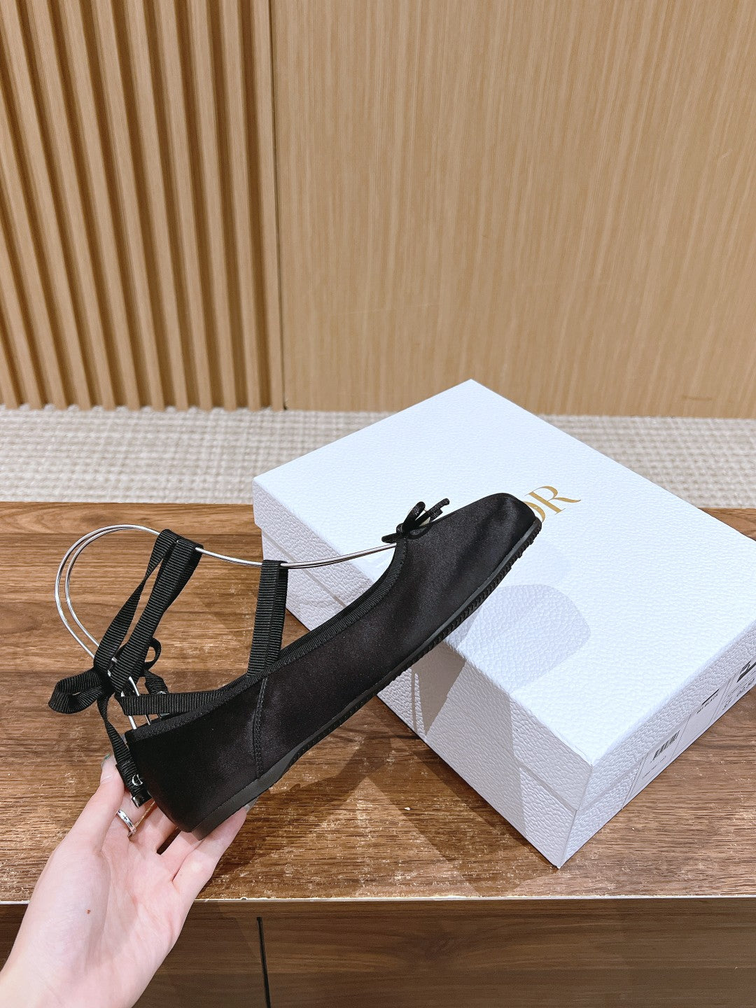 DIOR CLASSIC LACE-UP BALLET FLATS 25S IN BLACK SATIN PEARL DETAILING - 35