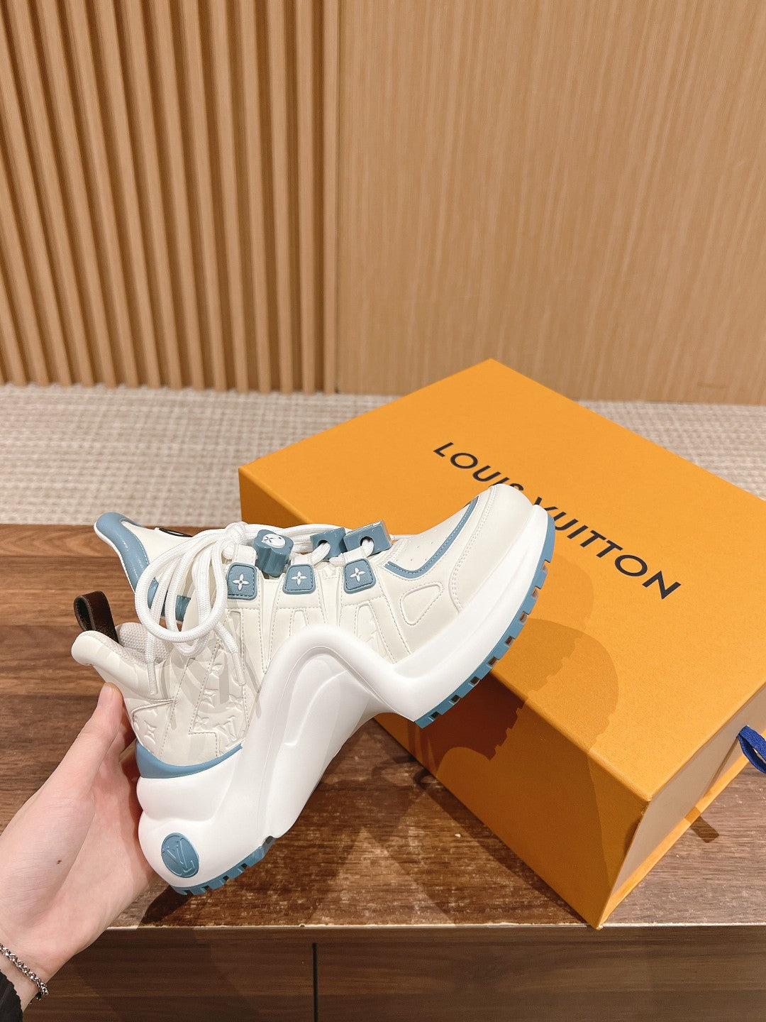 LV ARCHLIGHT SNEAKER IN WHITE MIX SKY BLUE EMBOSSED CALFSKIN - 35