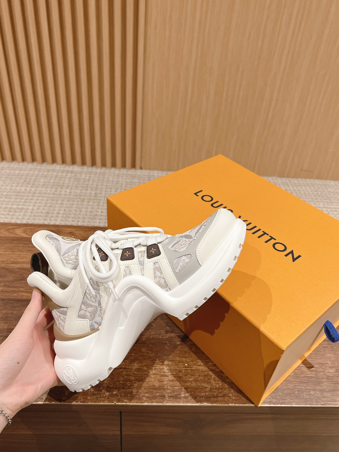 LV ARCHLIGHT SNEAKER IN WHITE MIX PALE GRAY CALFSKIN AND MONOGRAM DENIM - 35