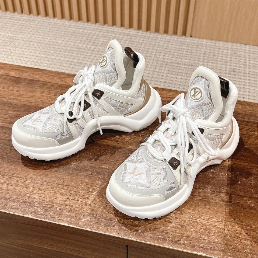 LV ARCHLIGHT SNEAKER IN WHITE MIX PALE GRAY CALFSKIN AND MONOGRAM DENIM - 35
