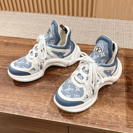 LV ARCHLIGHT SNEAKER IN WHITE MIX AEGEAN BLUE CALFSKIN AND MONOGRAM DENIM - 35