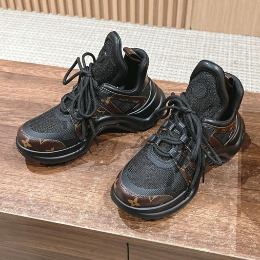 LV ARCHLIGHT SNEAKER IN BLACK CANVAS AND CHOCOLATE BROWN MONOGRAM CALFSKIN - 35