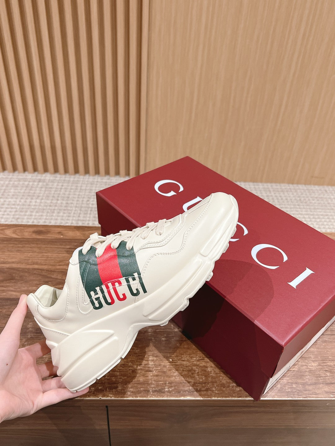 GG RHYTON TRAINER WHITE CALFSKIN WITH WEB LOGO - 35