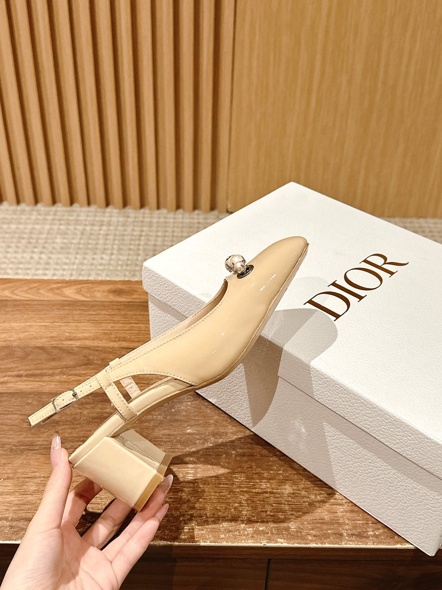 DIOR HIGH SLINGBACK 55 MM 25S IN BEIGE LAMBSKIN PEARL DETAILING - 35