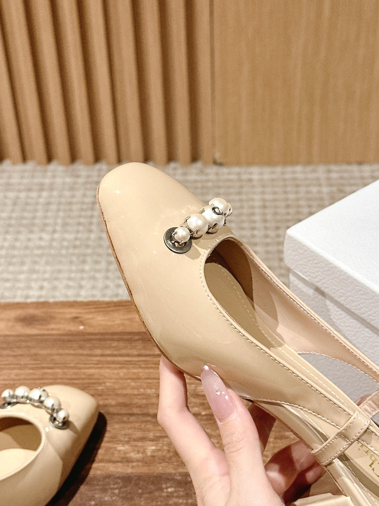 DIOR HIGH SLINGBACK 55 MM 25S IN BEIGE LAMBSKIN PEARL DETAILING - 35