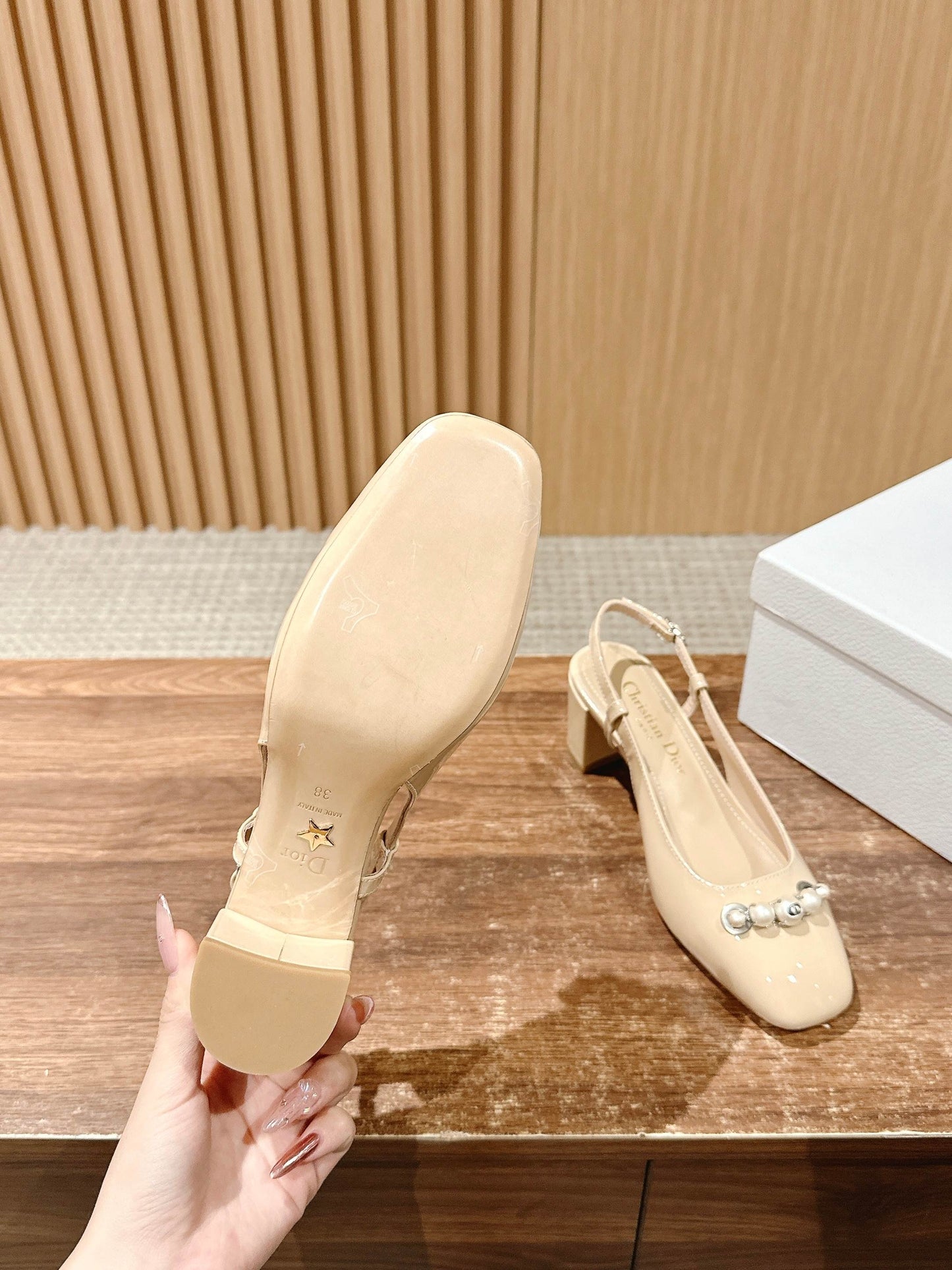 DIOR HIGH SLINGBACK 55 MM 25S IN BEIGE LAMBSKIN PEARL DETAILING - 35