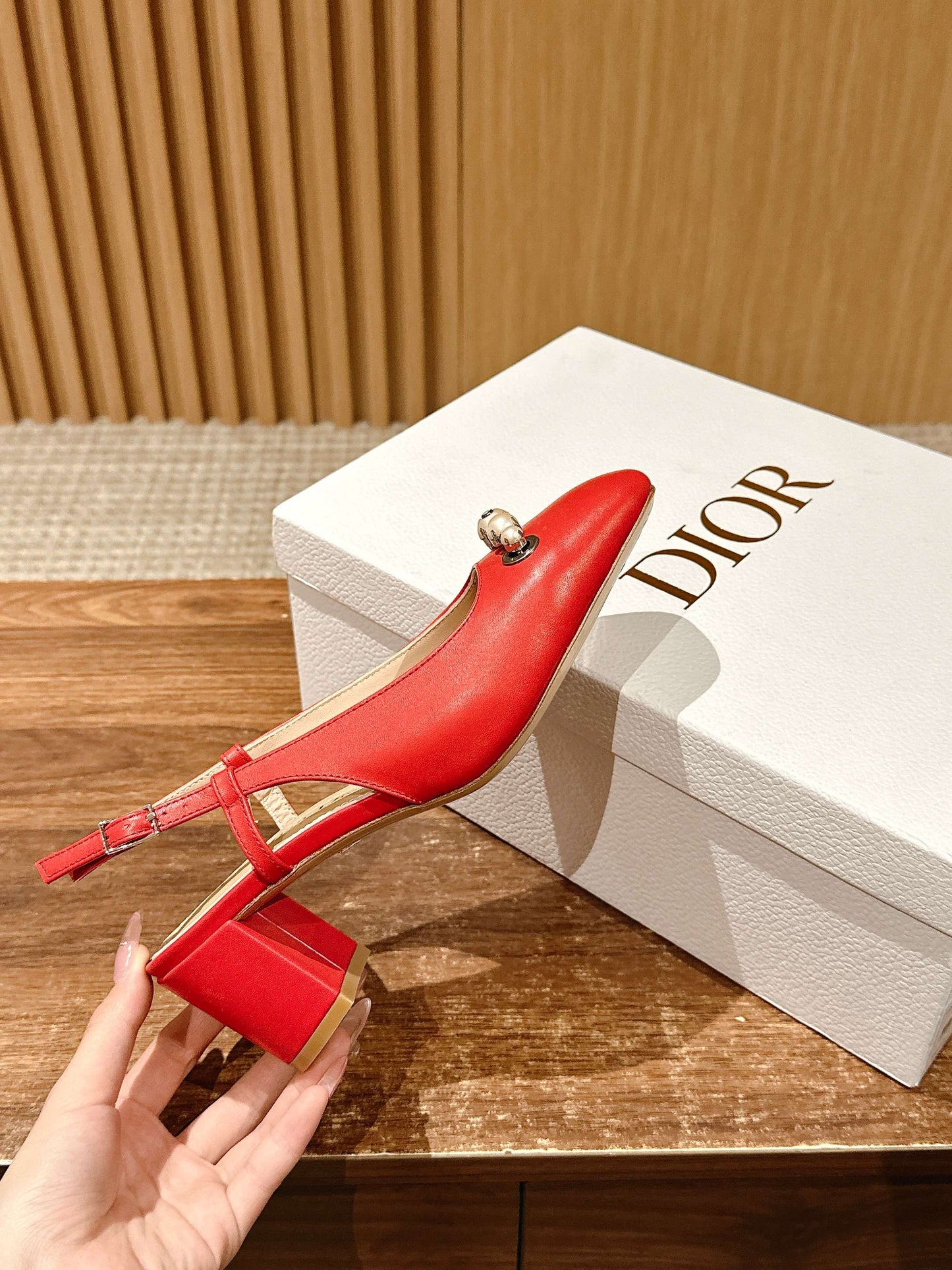 DIOR HIGH SLINGBACK 55 MM 25S IN RED LAMBSKIN PEARL DETAILING - 35