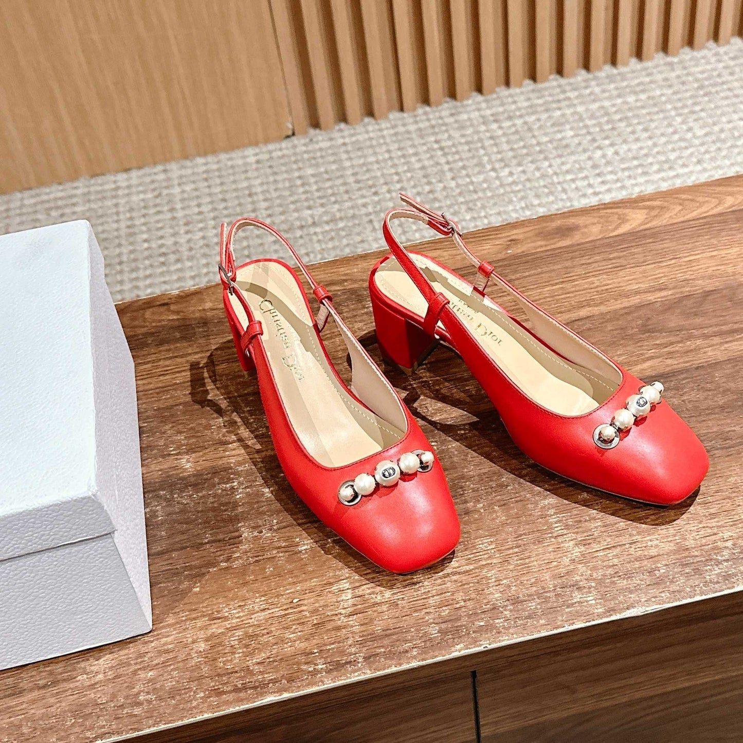 DIOR HIGH SLINGBACK 55 MM 25S IN RED LAMBSKIN PEARL DETAILING - 35