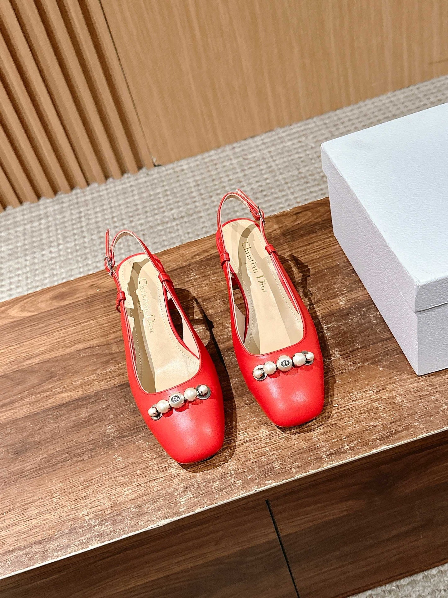 DIOR HIGH SLINGBACK 55 MM 25S IN RED LAMBSKIN PEARL DETAILING - 35