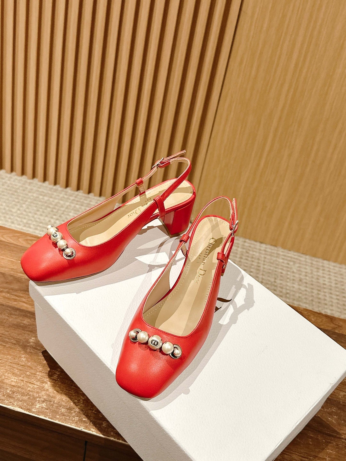DIOR HIGH SLINGBACK 55 MM 25S IN RED LAMBSKIN PEARL DETAILING - 35