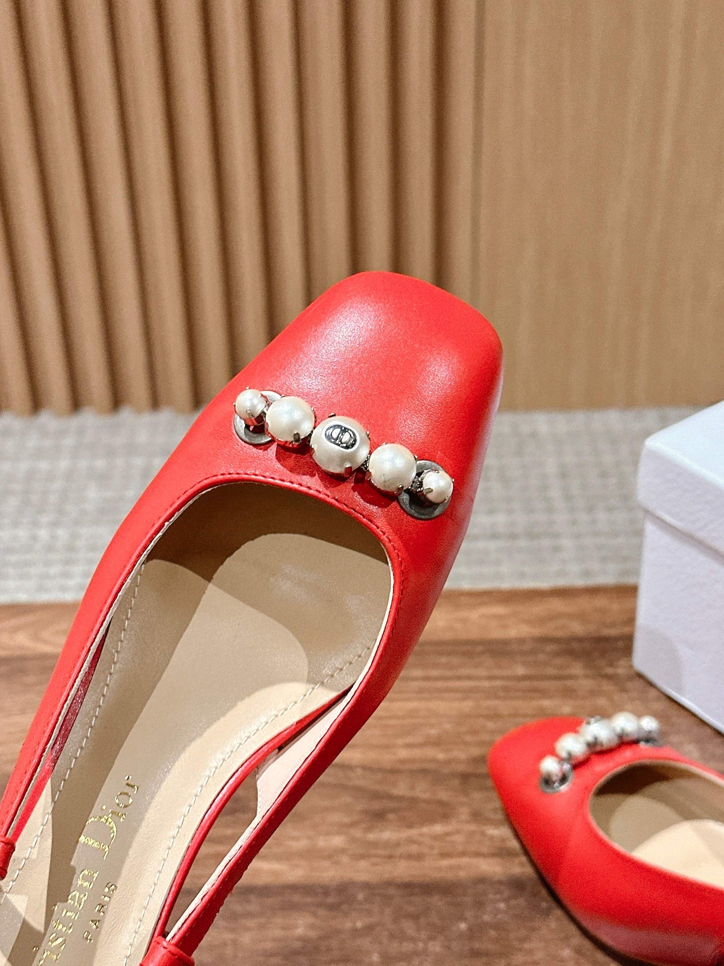 DIOR HIGH SLINGBACK 55 MM 25S IN RED LAMBSKIN PEARL DETAILING - 35