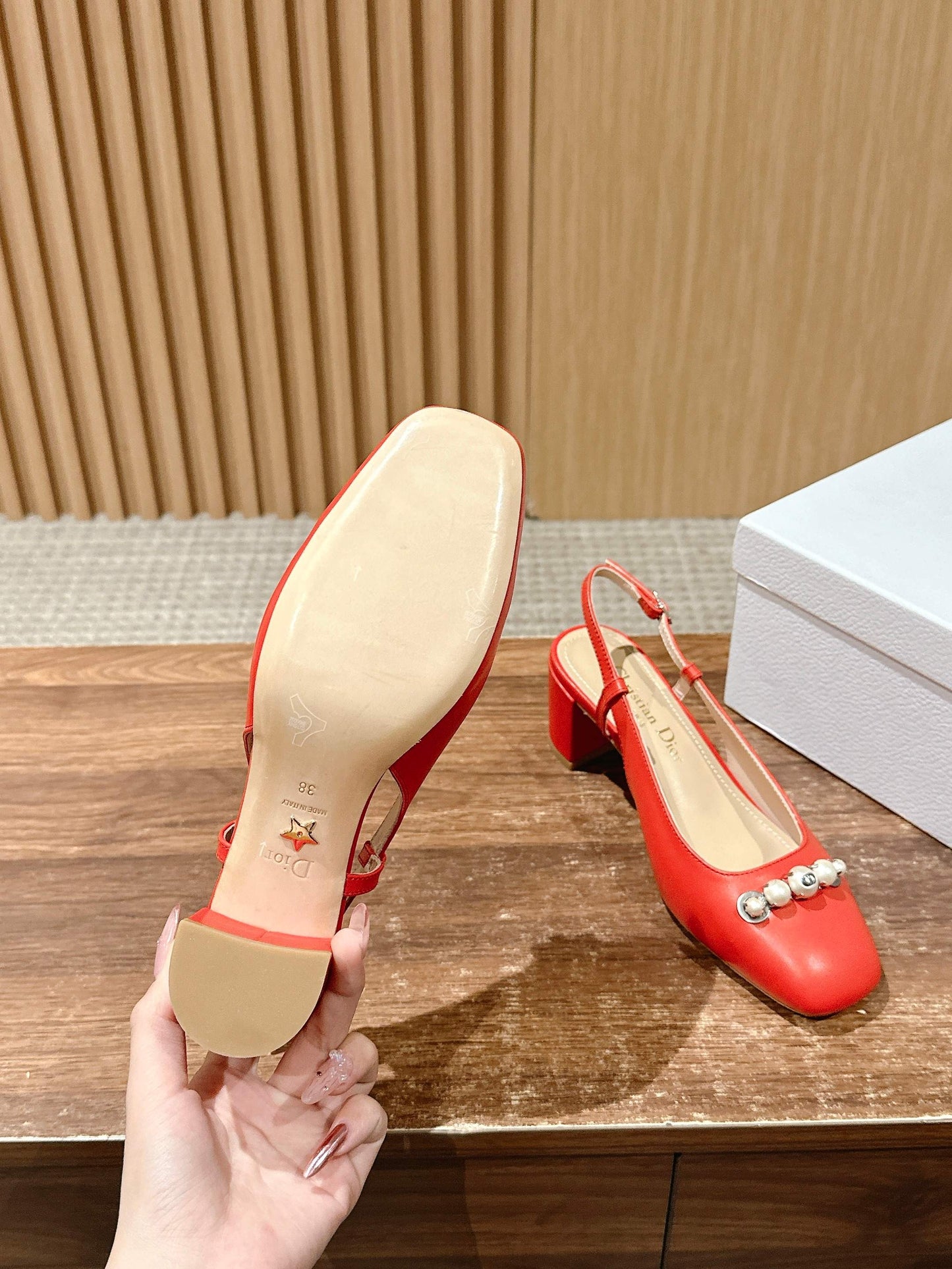 DIOR HIGH SLINGBACK 55 MM 25S IN RED LAMBSKIN PEARL DETAILING - 35