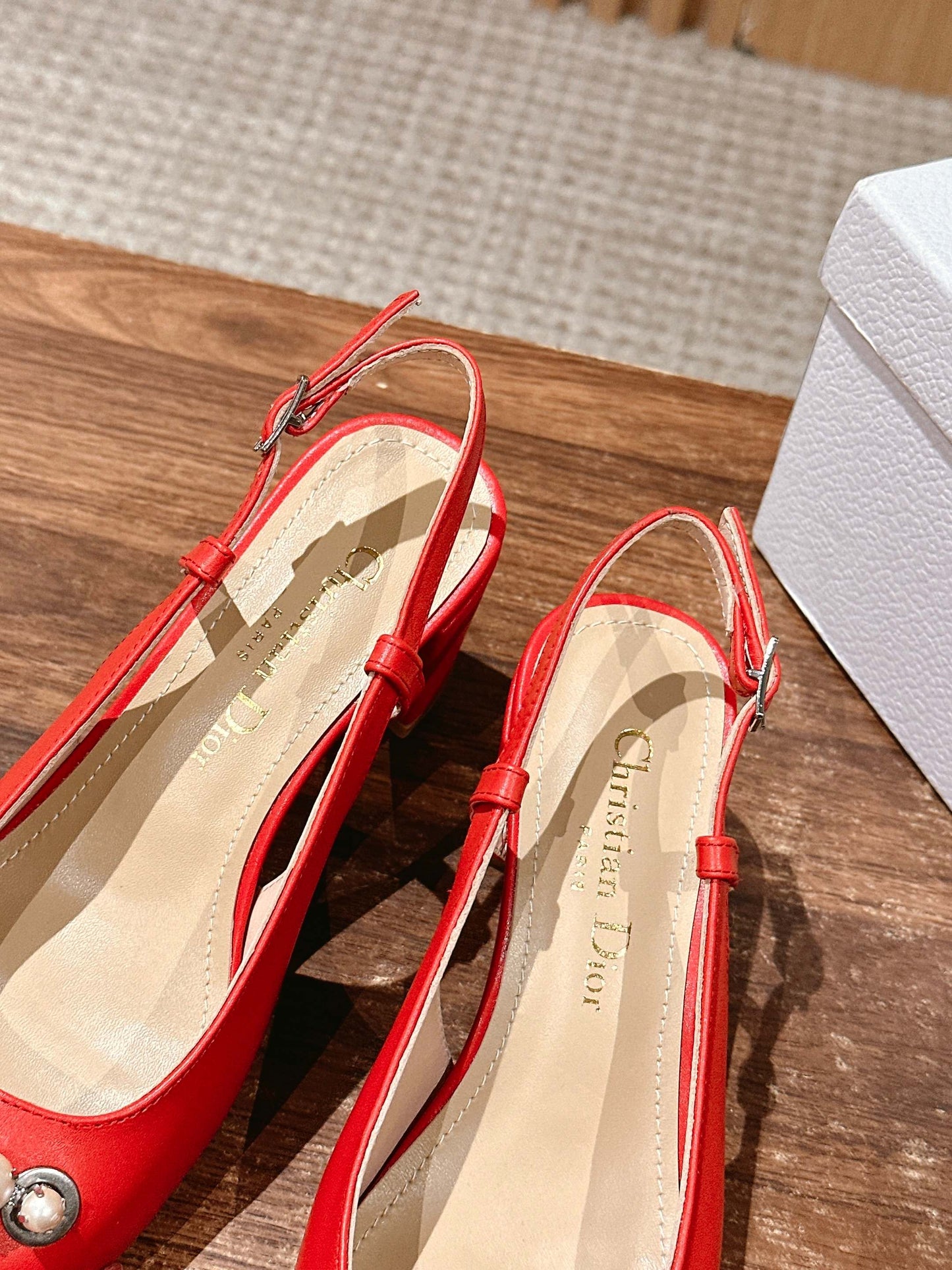 DIOR HIGH SLINGBACK 55 MM 25S IN RED LAMBSKIN PEARL DETAILING - 35