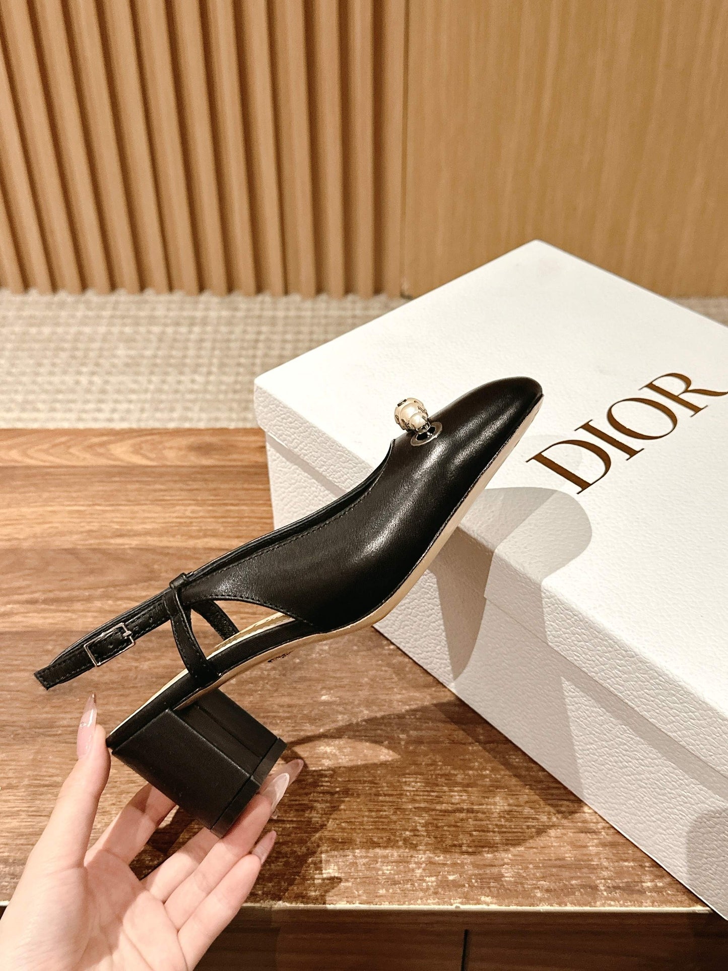 DIOR HIGH SLINGBACK 55 MM 25S IN BLACK LAMBSKIN PEARL DETAILING - 35