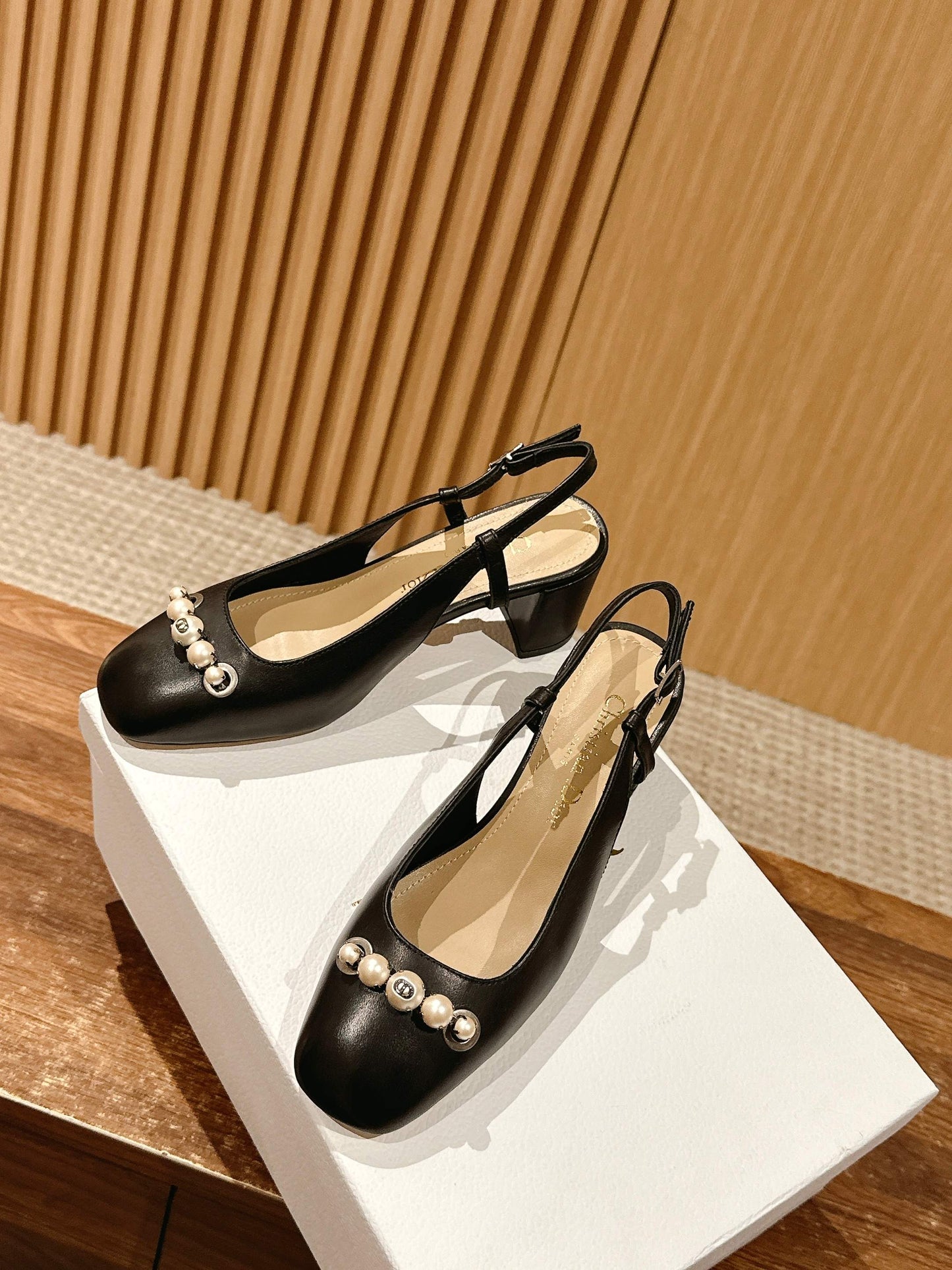 DIOR HIGH SLINGBACK 55 MM 25S IN BLACK LAMBSKIN PEARL DETAILING - 35