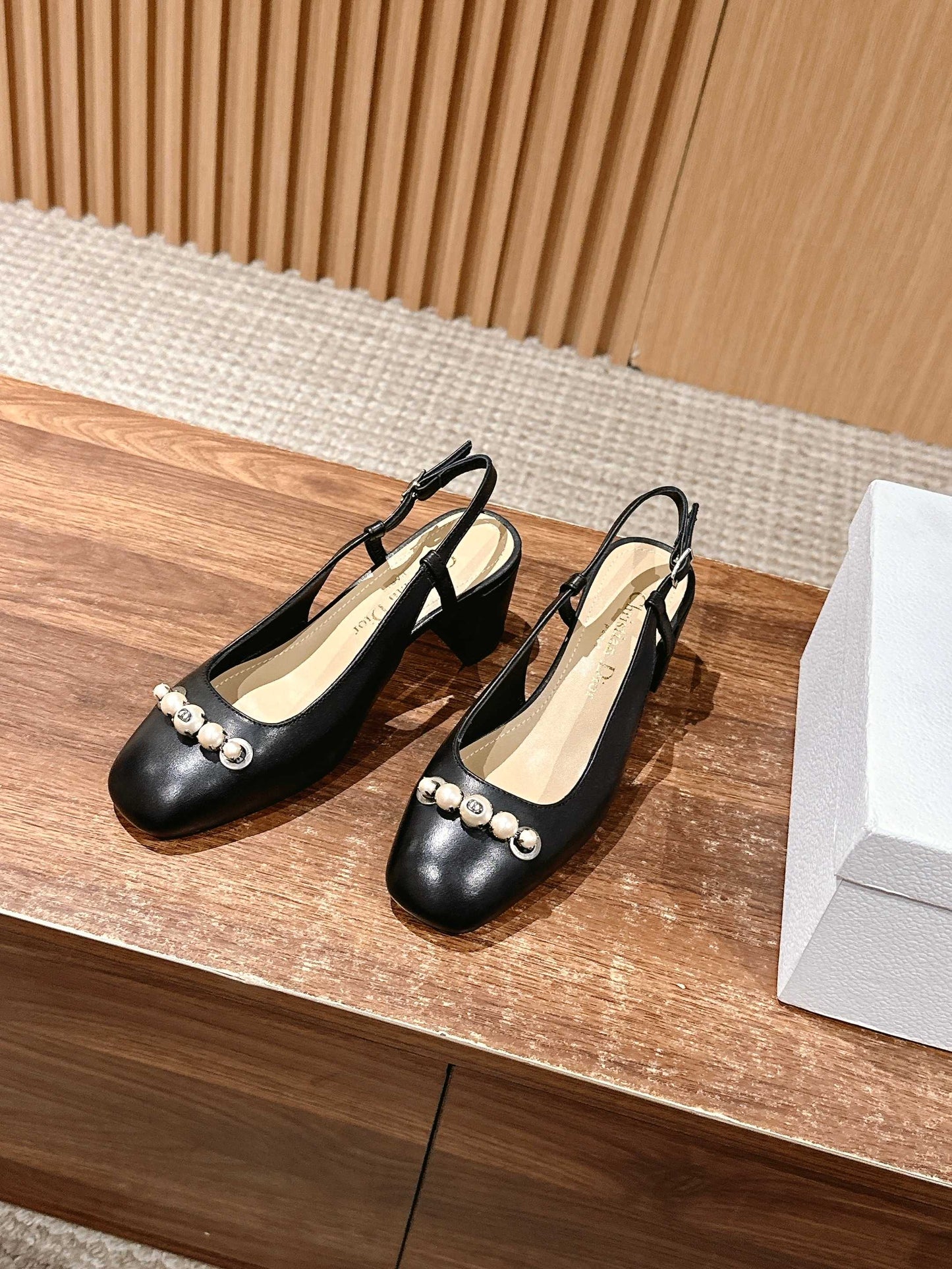 DIOR HIGH SLINGBACK 55 MM 25S IN BLACK LAMBSKIN PEARL DETAILING - 35